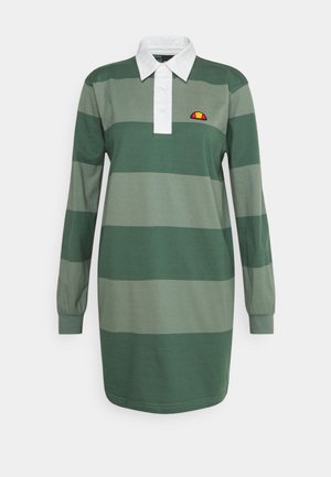 Robe polo à manches longues rayée vert et gris avec un col blanc et un logo brodé, présentant une coupe décontractée et un matériau en coton doux.