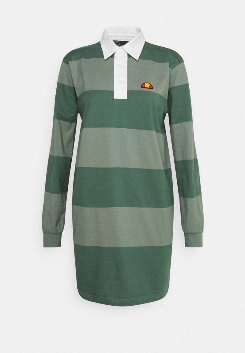 Robe polo à manches longues rayée vert et gris avec un col blanc et un logo brodé, présentant une coupe décontractée et un matériau en coton doux.