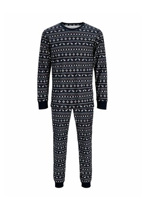 Ensemble haut à manches longues et pantalon bleu marine avec motifs de fête blancs, rouges et bleu clair comprenant des rennes, des flocons de neige et des sapins de Noël.