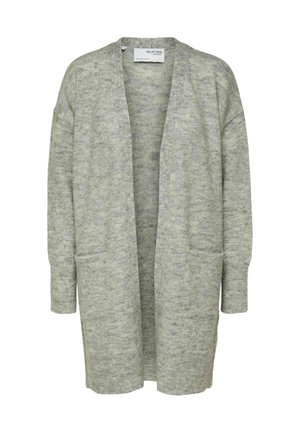 Cardigan gris clair en tissu tricoté ; design ouvert à l'avant avec des manches longues et deux poches avant. Texture douce avec un motif subtil.