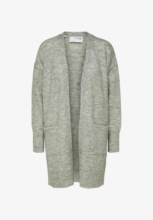 Light grey cardigan made of knitted fabric; open front design with long sleeves and two front pockets. Soft texture with subtle pattern.