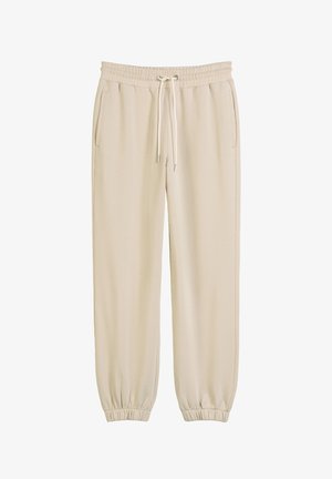 Beige Sweatpants aus weichem Stoff, mit elastischem Bund und Kordelzug, seitlichen Taschen und elastischen Bündchen an den Knöcheln.