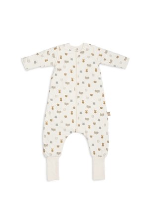 Grenouillère blanche pour bébé avec manches et jambes longues, décorée de petits visages d'animaux marron et gris, avec une fermeture éclair à l'avant.
