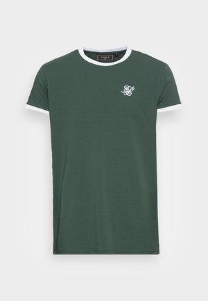 Dark green short-sleeve t-shirt with white ribbed collar and sleeve edges, featuring a small white embroidered logo on the left chest.