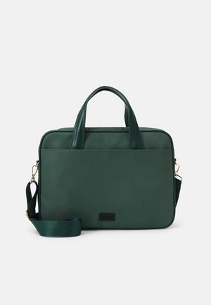 Dark green rectangular laptop bag with dual handles, a detachable shoulder strap, and a front tag on a plain light background.