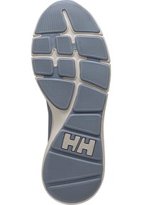 Modrá gumová podrážka obuvi s texturovanými vzory a silně vystouplými trakčními hroty; obsahuje bílé logo "HH" a krémové akcenty.