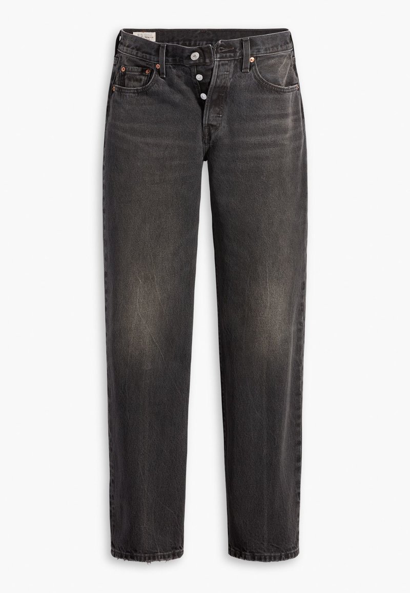 Jeans en denim noir avec une coupe droite, dotés d'une fermeture à bouton, de cinq poches et d'un léger dégradé, offrant un look légèrement usé.
