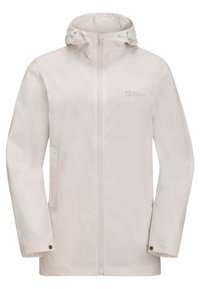 Leichte, cremefarbene Regenjacke mit einem Frontreißverschluss, verstellbare Kapuze und Seitentaschen. Glatte Textur mit minimalem Branding.