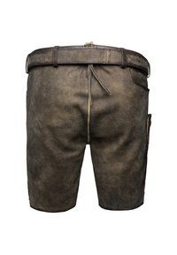 Pantalones cortos de cuero marrón con un acabado texturizado, que cuentan con un lazo para cinturón, cintura ajustable con cordón y un bolsillo lateral. Diseño clásico y material resistente.