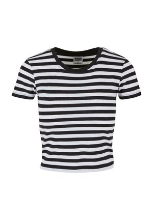Stribet sort og hvid kortærmet t-shirt med rund halsudskæring, lavet af bomuldsjersey. Accentueret med en ensfarvet sort kant.