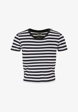 Melnbalts svītrains īss piedurknes t-krekls ar noapaļotu kakla izgriezumu, izgatavots no kokvilnas žakarda auduma. Akcentēts ar vienkrāsainu melnu apdari.