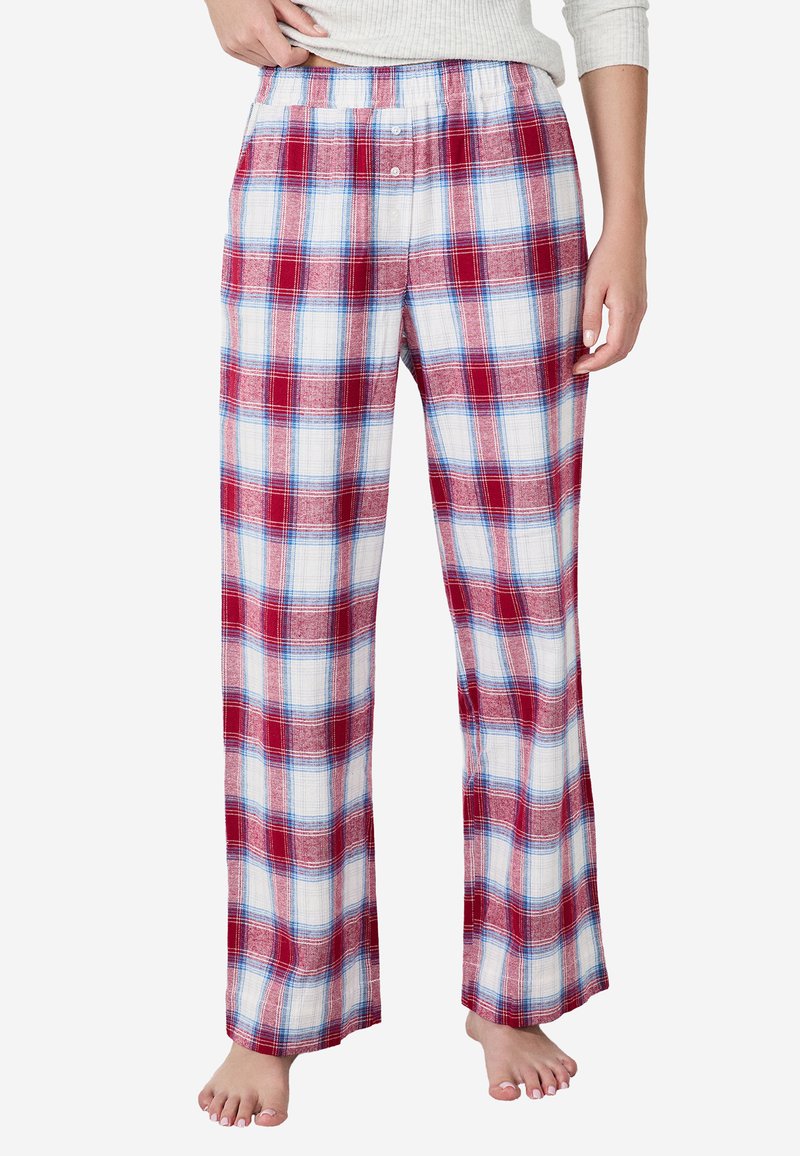 Rode en witte geruite pyjamabroek van zachte stof, met een elastische tailleband en een ontspannen pasvorm. Minimalistische knoopdetails op de tailleband.