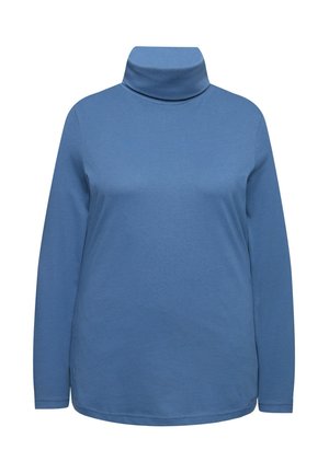Long-sleeve turtleneck in soft, medium blue fabric. Features a high collar and straight cut with a rounded hem. Smooth texture.