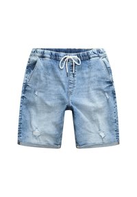 Lichte blauwe denimshorts met een elastische tailleband en een witte trekkoord, en een verachte uitstraling op de stof met zakken.