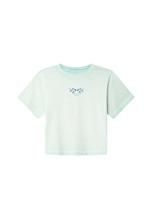 Cropped t-shirt verde menta chiaro realizzato in tessuto morbido. Presenta maniche corte e un piccolo design grafico blu sul petto.