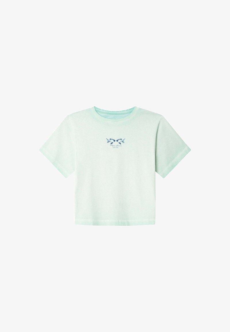 Licht mintgroene cropped t-shirt gemaakt van zachte stof. Heeft korte mouwen en een klein blauw grafisch ontwerp op de borst.