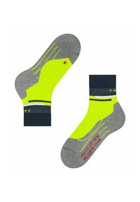 Calze sportive grigie e giallo neon con un bordo a coste, punte rinforzate e imbottitura ergonomica per un comfort e un supporto migliorati.