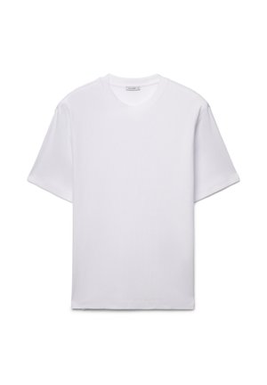 Weißes Baumwoll-T-Shirt mit kurzen Ärmeln, Rundhalsausschnitt und entspannter Passform. Glatte Textur, keine Muster oder Verzierungen.