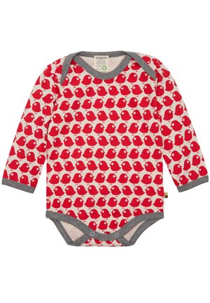 Red long-sleeve baby bodysuit featuring a repeating bird pattern on a light background, gray trim, and snap closures at the bottom.
