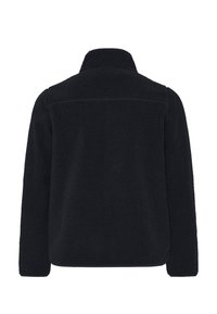 Schwarze Fleecejacke mit hohem Kragen, strukturiertem Stoff und geradem Schnitt. Keine sichtbaren Taschen oder Verzierungen.