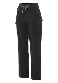 Schwarze Cargo-Hosen aus leichtem Stoff mit einem Kordelzugbund, seitlichen Taschen und einer Reißverschlusstasche am Oberschenkel.