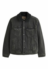 Črna denim jakna z črnim sherpa ovratnikom, dvema prsnih žepoma, stranskima žepoma in zapiranjem na gumb. Strukturirana tkanina in vidno šivanje.