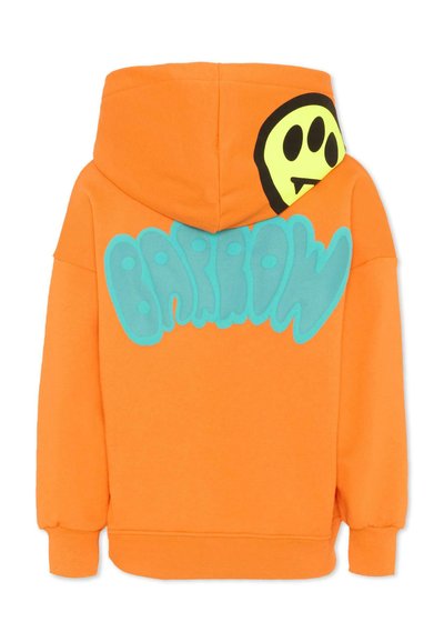 Sweat à capuche orange vif avec le texte bleu en bulles "BARROW" au dos et une empreinte de patte stylisée jaune et noire sur la capuche.