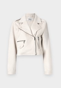 Cropped, light beige suede jacket with a notch collar, front zip closure, and two zippered pockets. Features a smooth texture and silver hardware.