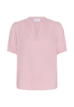 Blusa corta a maniche corte rosa chiaro con scollatura a V, spalle arricciate e tessuto testurizzato. Presenta pieghe sottili al colletto e polsini elasticizzati.