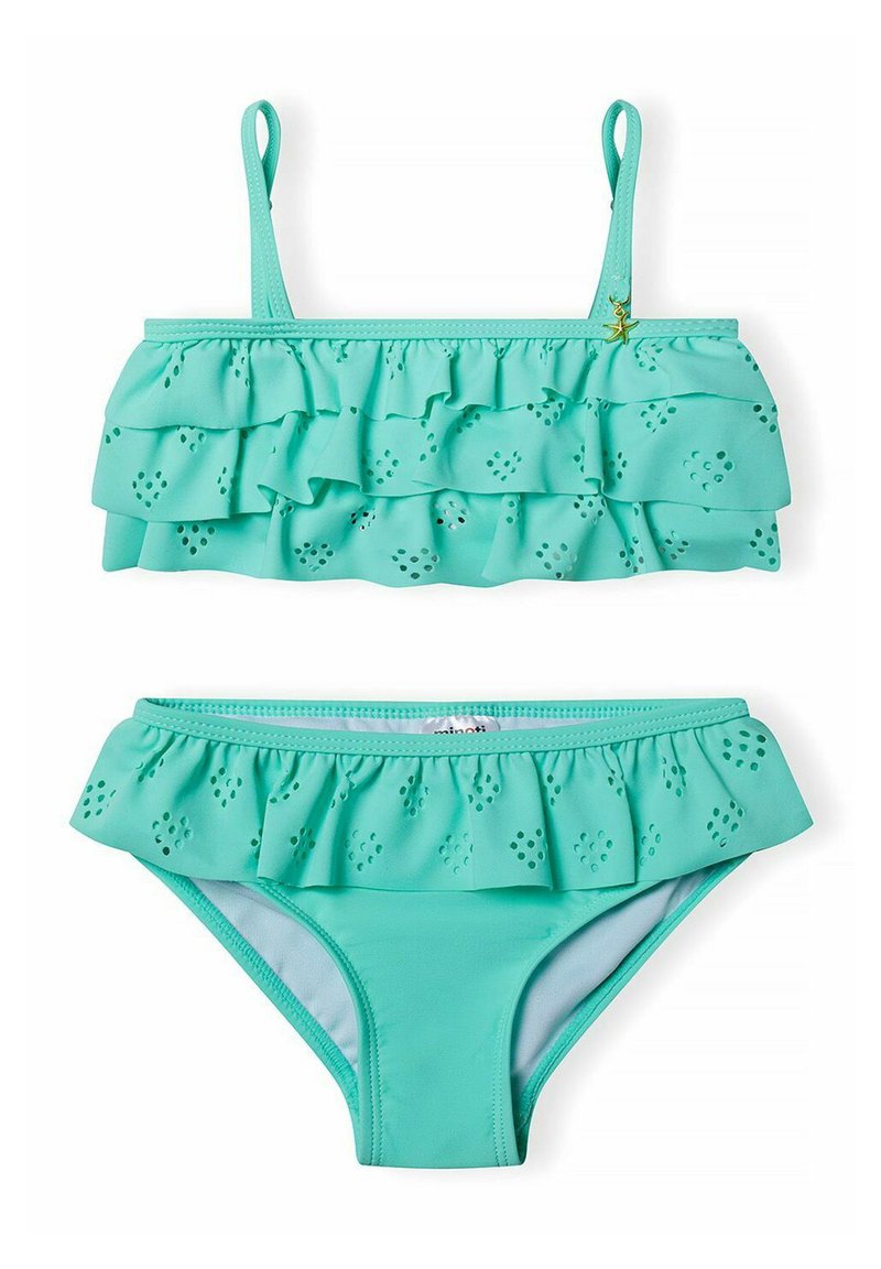 Bikini a due pezzi turchese con dettagli arruffati, ritagli, spalline regolabili e vita elastica sui pantaloni. Tessuto con una consistenza liscia.