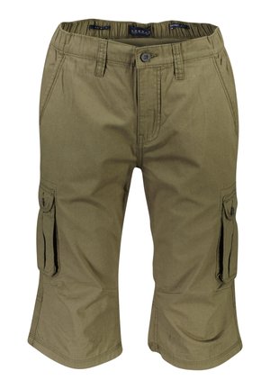 Pantalones cortos de carga color verde olivo, fabricados en algodón, que cuentan con dos bolsillos laterales y dos bolsillos de carga, con cierre de botón y lazos para cinturón.