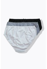 Tre paia di mutande da donna in nero, grigio e bianco. Realizzate in tessuto morbido, con cintura elastica e una finitura liscia.