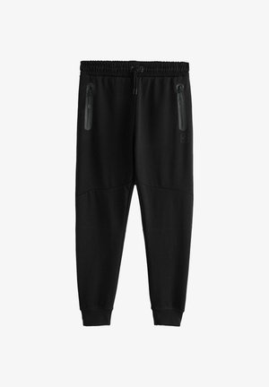 Pantaloni jogger neri con vita elastica, cordino e due tasche con zip. Presentano una texture liscia e un design affusolato.