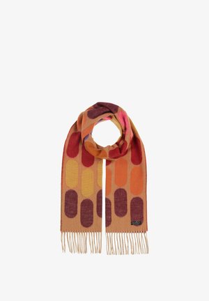 Sciarpa di lana in calde tonalità di arancione, rosa, giallo e bordeaux, con un motivo ovale ripetuto e estremità frangiate.