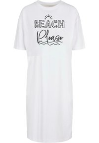 Bílý bavlněný šatový top s nápisem "BEACH Please" v černém písmu a grafickými vlnami. Volný střih s krátkými rukávy a kulatým výstřihem.