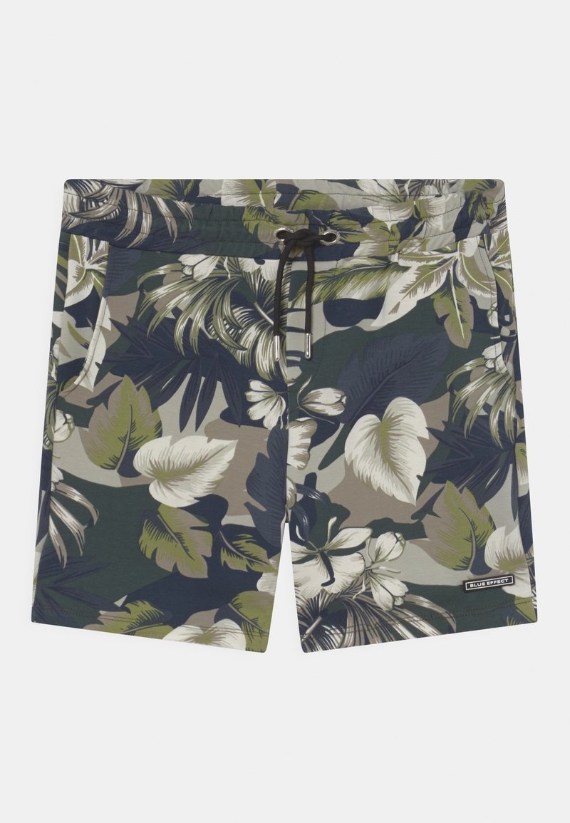 Short de bain pour homme avec imprimé tropical de feuilles et fleurs vertes, beiges et bleu marine, ceinture à cordon noir.