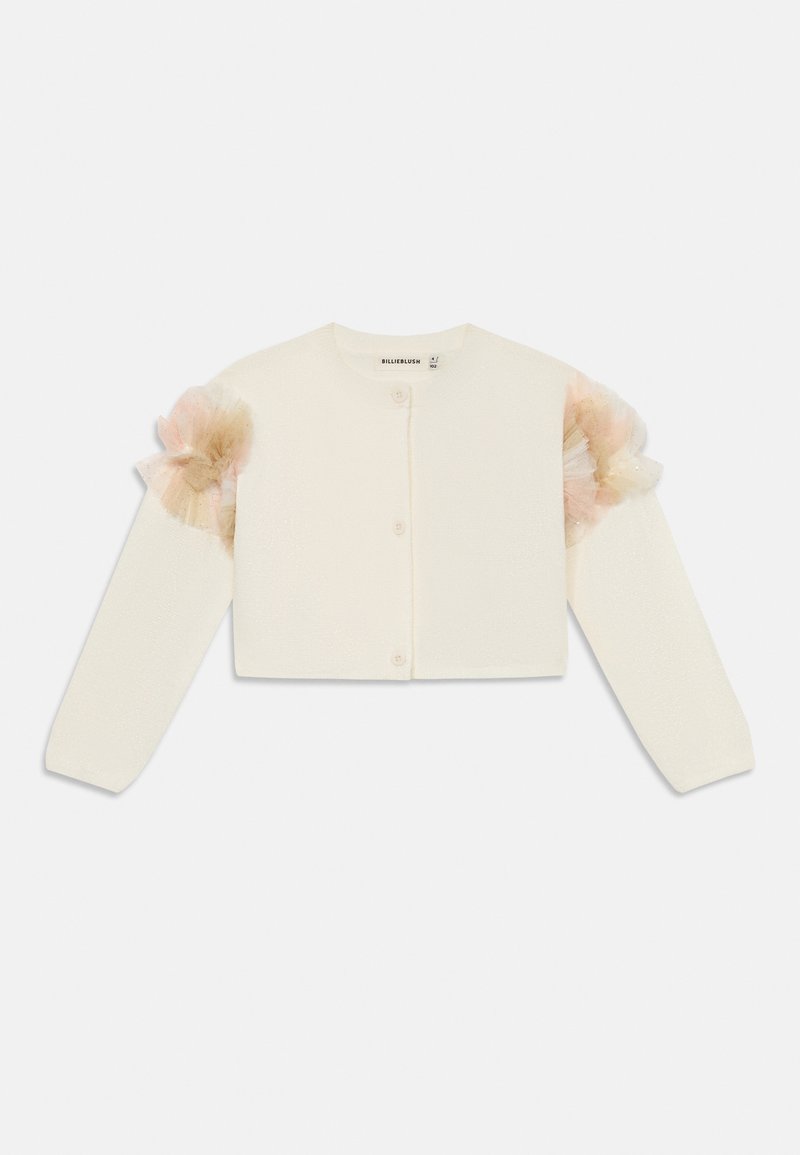 Cardigã branco tricotado com um acabamento texturizado, apresentando detalhes de tule em puff rosa e bege nos ombros e fecho de botão na frente.
