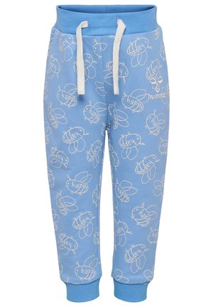 Lysblå bomulds-sweatpants med et gentaget hvidt bistiksmønster og ordet "happy", med elastisk talje og snøre.