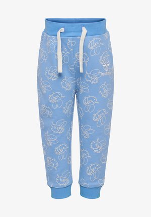 Lysblå bomulds-sweatpants med et gentaget hvidt bistiksmønster og ordet "happy", med elastisk talje og snøre.