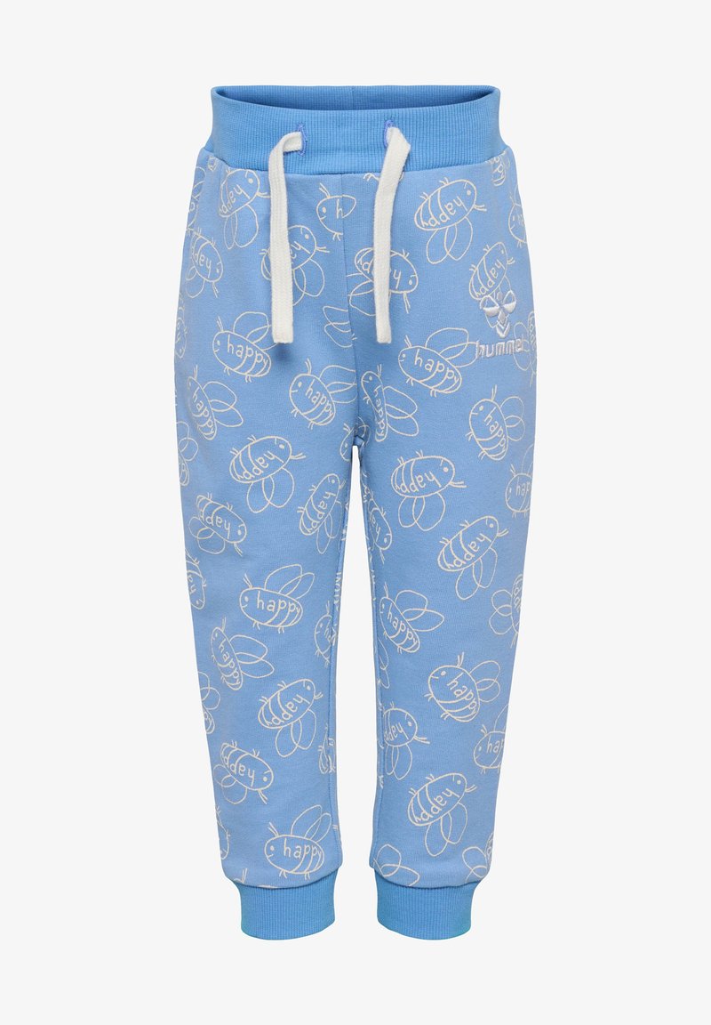 Ljusblå bomullssweatpants med ett upprepat vitt bi-mönster och ordet "happy", med resårmidja och dragsko.
