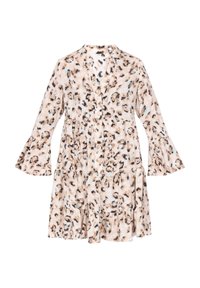 Vestito stampato con una base beige e macchie di leopardo nere e blu, maniche lunghe a campana, chiusura con bottoni sul davanti e orlo a strati con volant.