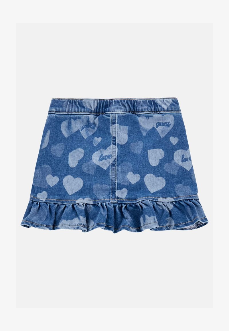 Denim krilo z nabranim robom, ki ima modro srčno najdbo in besedne poudarke. Elastičen pas za udobje.