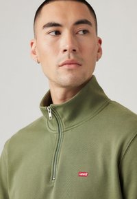 Groene kwart-rits sweatshirt van een gestructureerde stof, met een rood Levi's-logo op de borst en een zilveren ritsdetail bij de hals.
