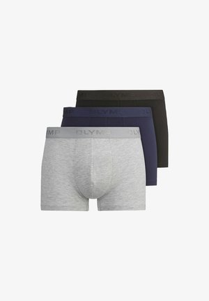 Drei Paar enganliegende Boxershorts in Grau, Marineblau und Schwarz. Jede besitzt einen kontrastierenden Bund mit geprägtem "OLYMP"-Logo. Aus weichem Baumwollgemisch.