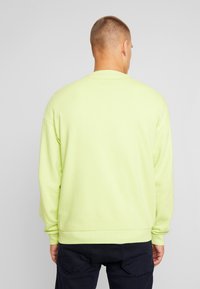 Sudadera de algodón verde neón con mangas largas, puños acanalados y cuello redondo. Textura suave con un corte holgado, sin patrones visibles.