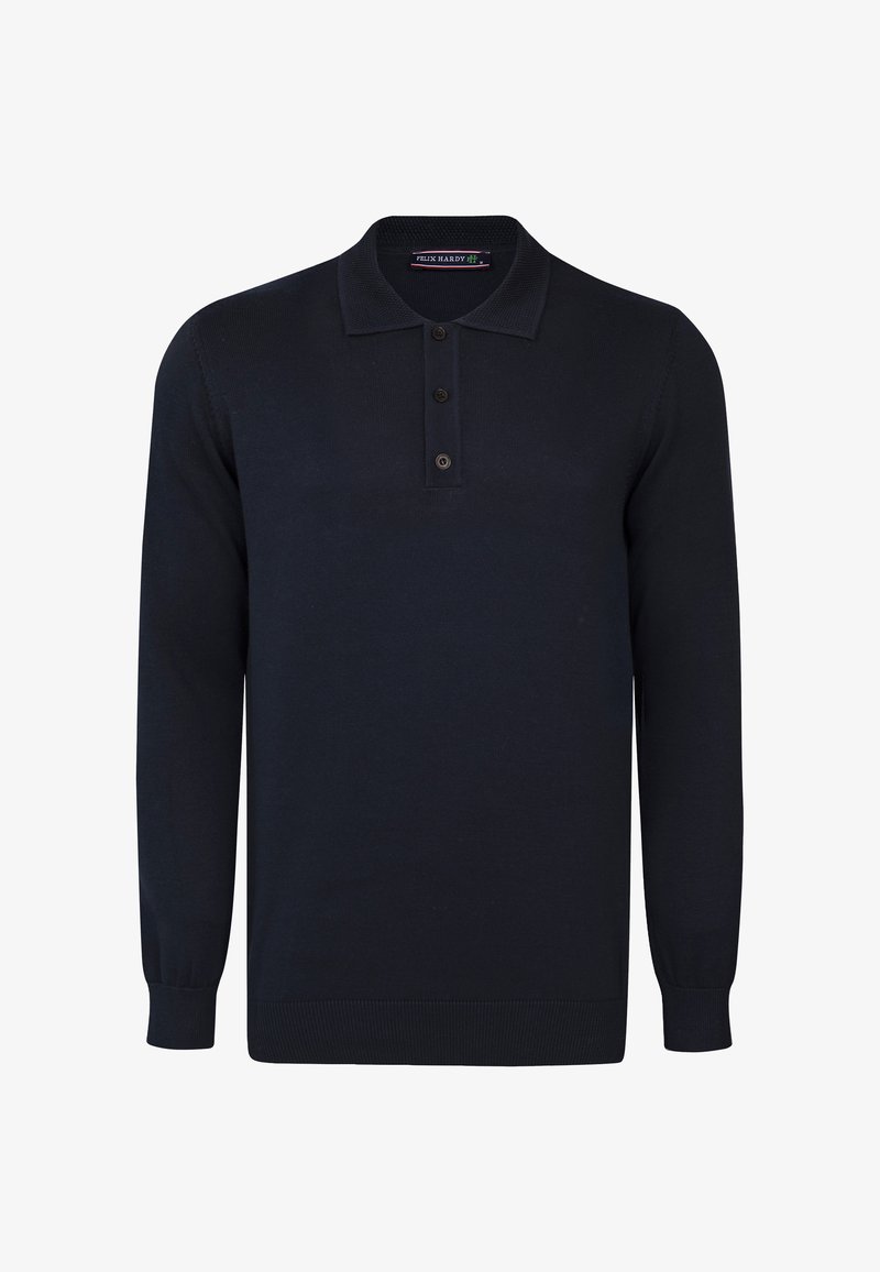 Navyblauer Langarm-Polo-Pullover aus Strickstoff, mit einer Knopfleiste mit drei Knöpfen und gerippten Bündchen. Sanfte Textur, minimalistisches Design.