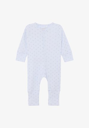 Pelele de manga larga para bebé en azul claro con pequeños patrones de cruces azules y botones a presión que corren en diagonal desde el cuello hasta los puños de las piernas.