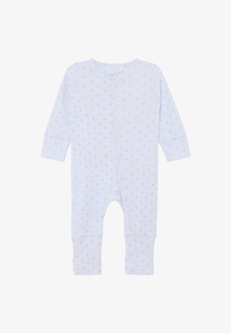 Hellblauer Baby-Body mit langen Ärmeln, kleinen blauen Kreuzmustern und Druckknöpfen, die diagonal vom Hals bis zu den Beinabschlüssen verlaufen.