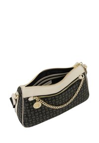 Borsa a tracolla nera e beige con esterno a motivo, tracolla in catena dorata e chiusura con zip. Presenta scomparti interni per l'organizzazione.