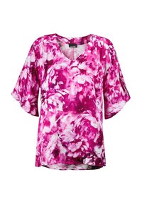 Blumenbluse in lebhaften Rosa- und Weißtönen, mit kurzen Ärmeln, einem V-Ausschnitt und einer lockeren Passform mit leicht abgerundetem Saum.